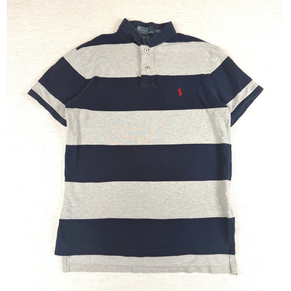 Polo Ralph Lauren Mens Custom Fit Striped Polo Shirt Navy Gray Red Pony Size M
